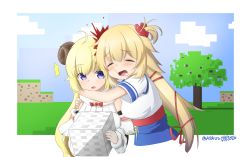 Rule 34 | 2girls, :o, ^^^, ahoge, akai haato, akai haato (1st costume), animal ears, arms around neck, bare shoulders, blonde hair, blood, blush, border, breasts, closed eyes, dated, drooling, hair ornament, heart, heart hair ornament, highres, holding, hololive, horns, klaius, large breasts, long hair, minecraft, multiple girls, one side up, purple eyes, sheep ears, sheep horns, tree, tsunomaki watame, tsunomaki watame (1st costume), twitter username, virtual youtuber, white border