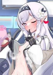 Rule 34 | 2girls, black gloves, blue archive, blurry, blurry background, blush, breasts, cellphone, closed mouth, commentary request, eimi (blue archive), elf, finger to mouth, flashing, flower, gloves, grey eyes, grey hair, hair flower, hair ornament, hairband, halo, highres, himari (blue archive), holding, holding phone, jacket, long hair, looking at viewer, mamiyahara hitoshige, mole, mole under eye, multiple girls, navel, nipples, one eye closed, open clothes, open jacket, opened by self, phone, pink hair, pointy ears, sidelocks, small breasts, smartphone, smile, solo focus, steaming body, stomach, sweat, upper body
