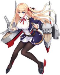 Rule 34 | 1girl, allenes, azur lane, belt, black footwear, black pantyhose, blonde hair, blue eyes, blue jacket, blush, breasts, brown belt, buttons, closed mouth, cropped jacket, dress, eyebrows, floating hair, full body, hair ribbon, jacket, large breasts, long hair, long sleeves, machinery, mole, mole under eye, official art, one side up, open clothes, open jacket, pantyhose, red ribbon, ribbon, shoes, short dress, solo, straight hair, sussex (azur lane), tachi-e, transparent background, turret, wavy mouth
