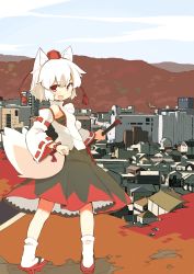 Rule 34 | 1girl, :d, absurdres, animal ears, bare shoulders, blue sky, city, detached sleeves, female focus, geta, hat, highres, inubashiri momiji, looking at viewer, looking back, mountain, open mouth, outdoors, pom pom (clothes), red eyes, ribbon-trimmed sleeves, ribbon trim, sandals, sarashi, short hair, silver hair, sky, smile, solo, sword, tail, tassel, tekka maki (wafuu-bune), tokin hat, touhou, weapon, wolf ears, wolf tail