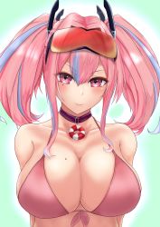 Rule 34 | 1girl, absurdres, arms behind back, azur lane, bare shoulders, bikini, black choker, blue background, blush, breasts, bremerton (azur lane), choker, cleavage, collarbone, commentary request, eyewear on head, front-tie bikini top, front-tie top, hair between eyes, hair intakes, hair ornament, highres, large breasts, lifebuoy ornament, long hair, looking at viewer, midriff, mole, mole on breast, mole under eye, multicolored hair, outline, oza osuwari, pink bikini, pink eyes, pink hair, purple hair, red-tinted eyewear, sidelocks, simple background, smile, solo, streaked hair, sunglasses, swimsuit, tinted eyewear, twintails, two-tone hair, upper body