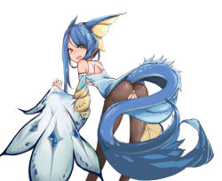 Rule 34 | 1girl, ass, back, bare shoulders, bent over, black pantyhose, blue hair, blush, breasts, fang, fingerless gloves, gloves, hair between eyes, jewelry, legiana, long hair, looking at viewer, miao yao cha, monster hunter, monster hunter: world, monster hunter (series), open mouth, pantyhose, personification, ring, simple background, small breasts, solo, tail, torn clothes, torn pantyhose, white background, winged arms, wings, yellow eyes