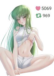 Rule 34 | 1girl, absurdres, backlighting, bare arms, between legs, blush, breasts, budgiepon, c.c., code geass, commentary, commentary request, crossed bangs, english commentary, eyelashes, foot out of frame, green hair, hair between eyes, hair over shoulder, hand between legs, head tilt, highres, holding own foot, indian style, lips, long hair, looking at viewer, medium breasts, meme, midriff, navel, parted lips, scar, scar on breasts, shirt, shorts, simple background, sitting, sleeveless, sleeveless shirt, solo, stomach, straight hair, twitter strip game (meme), undressing, very long hair, white background, white shirt, white shorts, yellow eyes