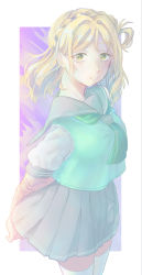 Rule 34 | 1girl, absurdres, aqua bow, arms behind back, artist name, artist request, blonde hair, blush, bow, bow legwear, braid, breasts, brown eyes, buttons, collarbone, crown braid, female focus, green eyes, green neckerchief, green sweater, green sweater vest, grey sailor collar, grey skirt, hair rings, half-closed eyes, highres, looking at viewer, love live!, love live! sunshine!!, medium breasts, miniskirt, neckerchief, ohara mari, parted lips, plaid, plaid skirt, pleated, pleated skirt, sailor collar, school uniform, shirt, short hair, short sleeves, skirt, smile, solo, sweater, sweater vest, tie clip, uranohoshi school uniform, white legwear, white shirt, yellow buttons, yellow eyes