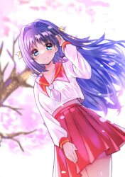 Rule 34 | 1girl, adjusting hair, alternate costume, arm at side, arm up, blue eyes, blue hair, blurry, blurry background, blush, cherry blossoms, chinese commentary, closed mouth, commentary request, cosplay, cowboy shot, day, depth of field, doukyuusei, eyelashes, falling petals, fingernails, floating hair, hair between eyes, hair intakes, hair ribbon, kanon, lliissaawwuu2, long hair, long sleeves, looking at viewer, minase nayuki, necktie, outdoors, partial commentary, petals, pleated skirt, red sailor collar, red skirt, ribbon, sailor collar, sakuragi mai, sakuragi mai (cosplay), school uniform, serafuku, shirt, short necktie, simple background, skirt, smile, solo, standing, very long hair, white background, white necktie, white shirt, yellow ribbon