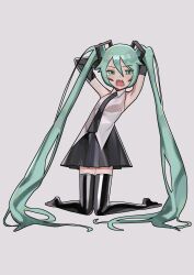 Rule 34 | 1girl, absurdres, armpits, black necktie, black skirt, black thighhighs, fang, full body, green eyes, green hair, hatsune miku, highres, long hair, necktie, open mouth, saaal653, shirt, simple background, skin fang, skirt, solo, thighhighs, twintails, vocaloid, white background, white shirt, zettai ryouiki