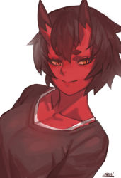 Rule 34 | 1girl, black hair, black shirt, breasts, closed mouth, colored skin, horns, kidouko (zakusi), looking at viewer, medium breasts, oni, oni horns, original, red oni, red skin, shirt, short hair, signature, simple background, slit pupils, smile, solo, white background, yellow eyes, zakusi