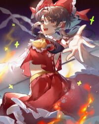 Rule 34 | 1girl, :d, blurry, bow, brown hair, depth of field, detached sleeves, ender xiaohai, floating hair, foreshortening, gold trim, hair bow, hair tubes, hakurei reimu, highres, looking at viewer, midriff peek, open mouth, paw print, reaching, reaching towards viewer, red eyes, red vest, sarashi, short hair with long locks, simple background, skirt, skirt set, smile, solo, touhou, unfinished dream of all living ghost, vest, wide sleeves