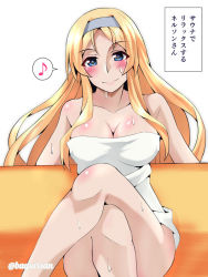 Rule 34 | 1girl, akichin (atelier baguri), blonde hair, blue eyes, blush, breasts, headband, kantai collection, large breasts, crossed legs, long hair, looking at viewer, musical note, naked towel, nelson (kancolle), simple background, sitting, smile, solo, spoken musical note, sweat, towel