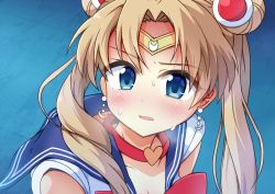 Rule 34 | 1girl, bishoujo senshi sailor moon, blonde hair, blue eyes, blush, bow, choker, circlet, collarbone, commentary request, crescent, crescent earrings, crescent moon, derivative work, earrings, hair between eyes, hair ornament, hair over shoulder, highres, jewelry, long hair, looking at viewer, meme, moon, open mouth, red bow, red choker, sailor collar, sailor moon, sailor moon redraw challenge (meme), screenshot redraw, short sleeves, signature, solo, sweatdrop, tsukino usagi, twintails, yuuhi alpha
