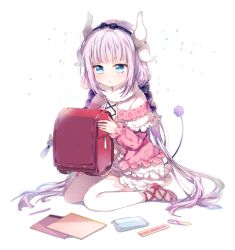 Rule 34 | 10s, 1girl, :o, ankle lace-up, backpack, bad id, bad pixiv id, bag, beads, black bow, black hairband, blouse, blue eyes, blunt bangs, blush, bow, capelet, charm (object), cross-laced clothes, cross-laced footwear, dragon girl, dragon horns, dress, excited, frilled capelet, frilled skirt, frills, full body, fur trim, gothic lolita, gradient hair, hair beads, hair bow, hair ornament, hairband, hands up, horns, kanna kamui, kobayashi-san chi no maidragon, light purple hair, lolita fashion, long hair, long sleeves, low twintails, microdress, multicolored hair, n n (vbdpsep), notebook, open mouth, pencil, pencil case, purple hair, randoseru, red footwear, ruler, school bag, shirt, shoes, simple background, sitting, skirt, solo, sparkle, spread legs, tail, thighhighs, twintails, very long hair, wariza, white background, white thighhighs