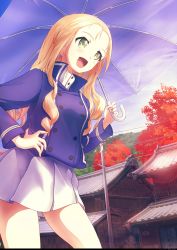 Rule 34 | 10s, 1girl, :d, absurdres, bc freedom military uniform, blonde hair, blue jacket, blue umbrella, blue vest, building, cloud, cloudy sky, commentary request, cowboy shot, day, dress shirt, drill hair, girls und panzer, green eyes, hand on own hip, high collar, highres, holding, holding umbrella, jacket, lens flare, long hair, long sleeves, looking to the side, marie (girls und panzer), military, military uniform, miniskirt, open mouth, outdoors, pleated skirt, shirt, skirt, sky, smile, solo, standing, tonan leopard, tree, umbrella, uniform, utility pole, vest, white shirt, white skirt