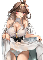 Rule 34 | 1girl, ahoge, breasts, brown hair, cameltoe, cleavage, cleavage cutout, clothing cutout, cowboy shot, double bun, dress, dress shirt, gold hairband, hair bun, hairband, highres, kantai collection, kongou (kancolle), large breasts, long hair, official alternate costume, panties, parted bangs, shirt, simple background, smile, solo, tororo ten, underwear, white dress, white panties