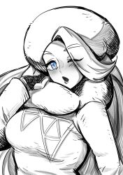 Rule 34 | 1girl, absurdres, blue eyes, blush, creatures (company), dynamax band, earrings, fur-trimmed scarf, fur collar, fur hat, fur trim, game freak, hat, highres, jewelry, long hair, long sleeves, looking at viewer, mature female, melony (pokemon), monochrome, nintendo, one eye closed, open mouth, partially colored, pearl earrings, pokemon, pokemon swsh, scarf, solo, sweater, tengtengs1234, upper body, ushanka, very long hair