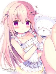 Rule 34 | 1girl, :t, artist name, azumi kazuki, bare shoulders, blush, cherry hair ornament, closed mouth, collarbone, commentary request, dress, food-themed hair ornament, hair between eyes, hair ornament, hairclip, highres, long hair, looking at viewer, hugging object, original, pink hair, pout, purple eyes, simple background, sleeveless, sleeveless dress, solo, stuffed animal, stuffed toy, teddy bear, translation request, two side up, very long hair, white background, white dress, wrist cuffs