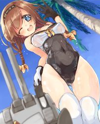 Rule 34 | 10s, 1girl, :d, ;d, adapted costume, blue eyes, blue sky, blurry, blush, braid, brown hair, cameltoe, choker, chou-10cm-hou-chan, chou-10cm-hou-chan (teruzuki&#039;s), clothes writing, collarbone, covered navel, day, depth of field, dutch angle, from below, gloves, gluteal fold, hair ornament, hairband, highleg, highleg swimsuit, kantai collection, light brown hair, long hair, naka akira, one-piece swimsuit, one eye closed, open mouth, outdoors, outstretched hand, palm tree, see-through, shiny skin, sky, smile, solo, swimsuit, teruzuki (kancolle), thigh gap, thighhighs, tree, twin braids, wet, white thighhighs