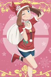 Rule 34 | 1girl, absurdres, alternate costume, arm up, bandana, bike shorts, black socks, blue eyes, boots, breasts, brown hair, choker, closed mouth, collarbone, commentary, creatures (company), game freak, gloves, green ribbon, hand on own head, hand up, highres, leg up, may (pokemon), medium hair, neck ribbon, nintendo, pokemon, pokemon (anime), pokemon rse (anime), red bandana, red footwear, red gloves, red shirt, ribbon, scarletsky, shirt, short sleeves, small breasts, smile, snowflakes, socks, solo, split mouth, white choker