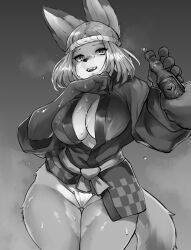 Rule 34 | 1girl, absurdres, animal ears, animal nose, bags under eyes, blush, body fur, bottle, breasts, breath, cameltoe, claws, cleavage, covered erect nipples, cowboy shot, disembodied hand, drink, fangs, female focus, fox ears, fox girl, fox tail, fundoshi, furry, furry female, gradient background, grey background, greyscale, groin, hachimaki, hands up, happy, headband, highres, holding, holding bottle, holding drink, hot, japanese clothes, kimono, large breasts, light blush, long sleeves, looking to the side, monochrome, nejiri hachimaki, no pants, open mouth, original, parted bangs, partially visible vulva, ramune, short hair, sidelocks, simple background, smile, snout, solo focus, standing, steam, steaming body, suima (sleepiness18), sweat, tail, teeth, thick thighs, thighs, two-tone fur, wide hips, wide sleeves