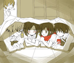 Rule 34 | 2girls, 3boys, :d, :|, blank eyes, blanket, blunt ends, blush, blush stickers, cardigan, cellphone, clenched hand, closed mouth, collared shirt, cupboard, doorway, dot nose, double-parted bangs, enomoto takane, enpera, facial hair, father and daughter, flower (symbol), frown, glasses, hair between eyes, hair ornament, hairclip, holding, holding phone, indoors, kagerou project, kisaragi shintarou, kokonose haruka, long sleeves, looking at another, looking at viewer, looking to the side, loose necktie, mature male, mochitsuki (hazakura84), mole, mole under eye, monochrome, multiple boys, multiple girls, necktie, o o, on floor, open collar, open mouth, pants, phone, pinstripe pattern, pinstripe shirt, rectangular eyewear, red scarf, scarf, school uniform, semi-rimless eyewear, shirt, short hair, short sleeves, sideways mouth, sleeves past elbows, sleeves rolled up, smartphone, smile, spot color, striped, stubble, swept bangs, tateyama ayano, tateyama kenjirou, thumbs up, tile floor, tiles, twintails, under-rim eyewear, under covers, upper body, v-neck