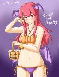 Rule 34 | alternate costume, bare shoulders, basket, bikini, blush, breasts, cleavage, collarbone, commentary request, cowboy shot, halloween, hand on own cheek, hand on own face, heart, highres, jack-o&#039;-lantern, jewelry, koakuma, light smile, long hair, looking at viewer, low wings, navel, necklace, panties, purple background, rabinidaddo, red eyes, red hair, side-tie panties, simple background, slit pupils, solo, swimsuit, touhou, trick or treat, underwear, wings