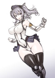 Rule 34 | 10s, 1girl, adapted costume, bare shoulders, black thighhighs, blush, breasts, covered erect nipples, covered navel, elbow gloves, gloves, grey eyes, hat, highleg, highleg leotard, kantai collection, kashima (kancolle), large breasts, leotard, looking at viewer, rindou (radical dream), short hair, silver hair, solo, taimanin suit, thighhighs, tsurime, twintails, wavy hair, white gloves
