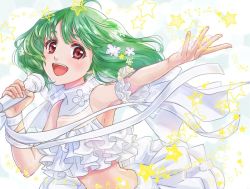 Rule 34 | 1girl, :d, akira ituki, arm strap, armpits, crop top, floating hair, green hair, holding, holding microphone, long hair, looking at viewer, macross, macross frontier, microphone, midriff, music, open mouth, ranka lee, red eyes, ribbon, singing, smile, solo, stomach, upper body, uta macross sumaho deculture, white ribbon, wrist ribbon