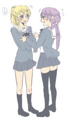 Rule 34 | 2girls, ayase eli, black bow, black bowtie, black footwear, black socks, black thighhighs, blonde hair, blue cardigan, blue eyes, blue skirt, blush, bow, bowtie, cardigan, commentary request, eye contact, full body, green eyes, hair ornament, hair scrunchie, kashikaze, kneehighs, long hair, long sleeves, looking at another, love live!, love live! school idol project, low twintails, multiple girls, open cardigan, open clothes, open mouth, otonokizaka school uniform, pleated skirt, ponytail, purple hair, purple scrunchie, sailor collar, school uniform, scrunchie, serafuku, simple background, skirt, sleeves tied together, smile, socks, standing, thighhighs, tojo nozomi, translation request, twintails, white background, white sailor collar, white scrunchie, zettai ryouiki