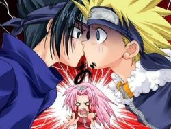 Rule 34 | 1girl, 2boys, accident, accidental kiss, artist request, blood, bloody tears, blouse, blue shirt, child, friend zone, gloom (expression), haruno sakura, kiss, lowres, multiple boys, naruto, naruto (series), o o, red background, shaded face, shirt, simple background, spiked hair, standing, tears, turn pale, uchiha sasuke, uzumaki naruto, v-shaped eyebrows, yaoi