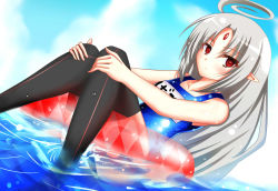 Rule 34 | 1girl, afloat, bad id, bad pixiv id, black thighhighs, breasts, dutch angle, floating, innertube, one-piece swimsuit, pointy ears, red eyes, school swimsuit, small breasts, snm (sunimi), solo, swim ring, swimsuit, thighhighs, under night in-birth, vatista, water, wet