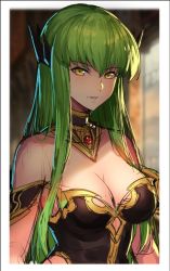 Rule 34 | 1girl, bare shoulders, black leotard, blurry, blurry background, blush, border, breasts, c.c., cleavage, code geass, depth of field, detached collar, gem, green hair, horns, huang xie, leotard, long hair, looking at viewer, medium breasts, parted lips, red gemstone, sketch, solo, straight hair, upper body, white border, yellow eyes