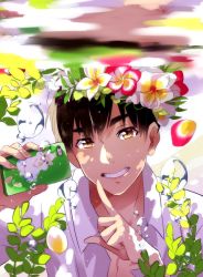 Rule 34 | 1boy, 20day cc, air bubble, black hair, brown eyes, bubble, cellphone, flower, index finger raised, male focus, phichit chulanont, phone, smartphone, underwater, upper body, yuri!!! on ice