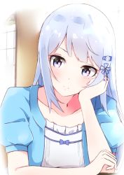 Rule 34 | 1girl, arm support, blue shirt, blush, closed mouth, collarbone, commentary request, enelis, grey eyes, hair ornament, hairclip, idolmaster, idolmaster million live!, idolmaster million live! theater days, long hair, looking at viewer, puffy short sleeves, puffy sleeves, shiraishi tsumugi, shirt, short sleeves, silver hair, solo, white shirt, window