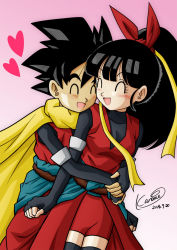Rule 34 | 10s, 1boy, 1girl, beat (dragon ball), black hair, blush, boots, bow, breasts, cleavage, couple, dated, dougi, dragon ball, dragon ball heroes, facing another, grabbing, hair bow, hair ribbon, hair tie, hands together, happy, heart, hetero, high ponytail, highres, hug, karoine, leotard, long hair, looking back, medium breasts, monkey tail, note (dragon ball), open mouth, ponytail, red ribbon, ribbon, saiyan, sash, scarf, shiny skin, short hair, smile, spiked hair, standing, tail, yellow ribbon