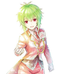 Rule 34 | 1girl, androgynous, asellus (saga frontier), boutonniere, flower, formal, gloves, green hair, jacket, lapels, looking at viewer, no s, open mouth, red eyes, red jacket, rose, saga, saga frontier, short hair, simple background, smile, solo, white background, white gloves