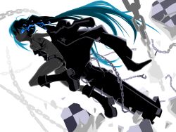 Rule 34 | 10s, 1girl, arm cannon, bikini, bikini top only, black bikini, black rock shooter, black rock shooter (character), boots, chain, glowing, glowing eyes, indee, long hair, ribs, shorts, simple background, solo, swimsuit, twintails, weapon, white background