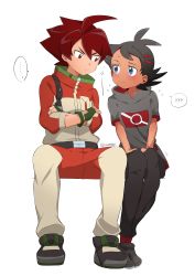 Rule 34 | 2boys, absurdres, ahoge, belt, belt buckle, black belt, black hair, black pants, blue eyes, blush, buckle, chibaqen, closed mouth, creatures (company), eye contact, eyelashes, fingerless gloves, flying sweatdrops, frown, game freak, gloves, goh (pokemon), green gloves, grey footwear, grey shirt, highres, jacket, looking at another, male focus, multiple boys, nintendo, pants, pokemon, pokemon (anime), pokemon journeys, quillon (pokemon), red eyes, red hair, red socks, shirt, shoes, short hair, short sleeves, socks, white background