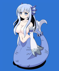 Rule 34 | blue eyes, blue hair, breasts, censored, cleavage, convenient censoring, fins, mermaid, monster girl, new years (artist), scales, topless