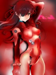 Rule 34 | 10s, 1girl, adapted costume, alternate costume, alternate eye color, alternate hair color, armpits, arms up, blue eyes, bodysuit, breasts, brown hair, character name, cowboy shot, curvy, evangelion: 3.0 you can (not) redo, eyepatch, gloves, hair between eyes, hair over one eye, unworn headgear, highres, leotard, long hair, looking at viewer, necktie, neon genesis evangelion, one eye covered, parted lips, plugsuit, rebuild of evangelion, red background, shinnnosuke10karennda10, shiny clothes, shiny skin, simple background, smile, solo, souryuu asuka langley, thighs, two side up, wide hips, yellow eyes