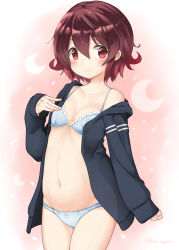 Rule 34 | 10s, 1girl, arched back, arm at side, bad id, bad pixiv id, bell (oppore coppore), blue bra, blue panties, bow, bow panties, bra, breasts, brown hair, cowboy shot, gradient hair, hair between eyes, kantai collection, looking at viewer, multicolored hair, mutsuki (kancolle), mutsuki kai ni (kancolle), navel, off shoulder, open clothes, open shirt, panties, red eyes, red hair, school uniform, serafuku, shirt, short hair, sleeves past wrists, small breasts, smile, solo, thighs, underwear