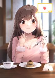 Rule 34 | 1girl, blush, breasts, brown eyes, brown hair, cake, cleavage, cup, drink, finger to own chin, food, fork, heart, highres, holding, holding fork, idolmaster, idolmaster shiny colors, indoors, large breasts, long hair, long sleeves, looking at viewer, nail polish, pepeo, pink nails, pink shirt, plate, shirt, solo, sunlight, table, teacup, tsukioka kogane
