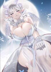 Rule 34 | 1girl, animahakim, bare shoulders, blush, breasts, cleavage, demon girl, demon horns, demon wings, detached collar, dress, female focus, full moon, gloves, grey eyes, grey hair, horns, large breasts, looking at viewer, lovely labrynth of the silver castle, low wings, moon, pointy ears, tagme, white gloves, wings, yu-gi-oh!