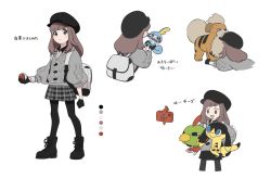 Rule 34 | 0 0, 1girl, alternate costume, alternate eye color, alternate hair length, alternate hairstyle, black footwear, black gloves, black headwear, black pantyhose, blush, boots, brown hair, cardigan, chiyo (ppp 808), closed mouth, collared shirt, color guide, creatures (company), dynamax band, game freak, gen 1 pokemon, gen 2 pokemon, gen 4 pokemon, gen 6 pokemon, gen 8 pokemon, gloria (pokemon), gloves, grey cardigan, grey eyes, growlithe, hat, helioptile, highres, holding, holding poke ball, holding pokemon, long hair, looking at viewer, natu, nintendo, pantyhose, poke ball, poke ball (basic), pokemon, pokemon (creature), pokemon swsh, rotom, rotom phone, shirt, skirt, sobble, translation request