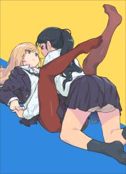 Rule 34 | 2girls, absurdres, all fours, assertive female, black hair, black skirt, black socks, blonde hair, blue background, blue eyes, brown eyes, brown pantyhose, commentary request, eye contact, girl on top, hair ornament, hairclip, highres, holding hands, interlocked fingers, legs up, long hair, looking at another, loose necktie, lying, m k, multiple girls, necktie, no shoes, on back, original, pantyhose, ponytail, school uniform, shorts, shorts under skirt, skirt, socks, two-tone background, yellow background, yuri