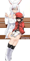 Rule 34 | 2girls, :q, ;p, absurdres, ahoge, animal ears, bare shoulders, black-framed eyewear, black hair, boots, breasts, cabbie hat, choker, cleavage, commentary, final fantasy, final fantasy xiv, hand up, hat, high heel boots, high heels, highres, jacket, lalafell, large breasts, long hair, long sleeves, looking at viewer, miniskirt, multicolored hair, multiple girls, off-shoulder shirt, off shoulder, one eye closed, original, pinepin, pink hair, pleated skirt, pointy ears, red eyes, red headwear, red jacket, round eyewear, shirt, simple background, sitting, skirt, streaked hair, thighs, tongue, tongue out, very long hair, viera, white background, white choker, white footwear, white hair, white shirt, white skirt