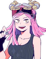 Rule 34 | 10s, 1girl, :d, absurdres, bare shoulders, boku no hero academia, breasts, cleavage, goggles, goggles on head, hatsume mei, highres, looking at viewer, medium breasts, note (newb04), open mouth, pink hair, simple background, smile, solo, upper body, white background, yellow eyes
