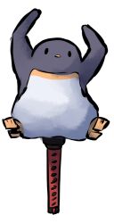 Rule 34 | animal, animal focus, arms up, bird, commentary request, full body, hijikata-san (m.m), looking at viewer, m.m, no humans, original, penguin, simple background, solid oval eyes, solo, tsuba (guard), white background
