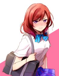 Rule 34 | 10s, 1girl, angry, bag, bow, dress shirt, frown, looking at viewer, love live!, love live! school idol project, nishikino maki, purple eyes, red hair, school bag, school uniform, shirt, shoulder bag, simple background, skirt, solo, tearing up, yuzucky