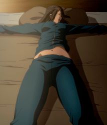 Rule 34 | 10s, anime screenshot, bed, brown hair, closed eyes, jacket, midriff, navel, pillow, screencap, seiren, track jacket, track suit, tsuneki hikari