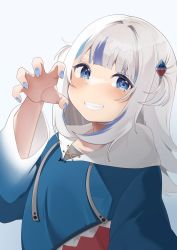 Rule 34 | 1girl, 345 myk, absurdres, blue eyes, blue hair, blue hoodie, blue nails, blunt bangs, blush, claw pose, fingernails, gawr gura, gawr gura (1st costume), grey hair, grin, hair ornament, highres, hololive, hololive english, hood, hood down, hoodie, long hair, long sleeves, looking at viewer, multicolored hair, nail polish, shark hair ornament, smile, solo, streaked hair, two side up, upper body, virtual youtuber, wide sleeves