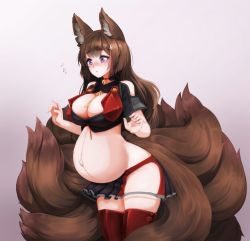 Rule 34 | 1girl, adapted costume, amagi (azur lane), amagi (kancolle), amagi (kantai collection) (cosplay), animal ear fluff, animal ears, azur lane, barbariank, bare shoulders, bell, blunt bangs, blush, breasts, brown hair, choker, cleavage, commentary, cosplay, english commentary, flying sweatdrops, fox ears, fox girl, fox tail, gradient background, hair ornament, highres, hip vent, jingle bell, kantai collection, kitsune, large breasts, long hair, multiple tails, name connection, navel, neck bell, nose blush, pleated skirt, pregnant, purple eyes, simple background, skirt, solo, stomach, tail, third-party edit
